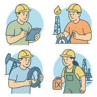 Group of workers in oil field, showcasing various tasks and tools with cheerful demeanor vector