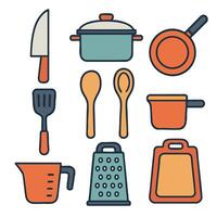 Kitchen utensils, cookware, and tools in colorful design vector