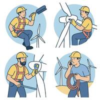 Workers performing various tasks related to wind energy, showcasing teamwork and dedication vector