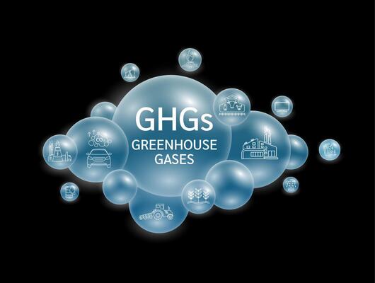Greenhouse gases. Air pollution emissions with industrial, fumes forest fires, agriculture livestock, electronic devices and gas CO2 CH4 N2O SF6 NF3 PFCs HFCs in cloud blue.