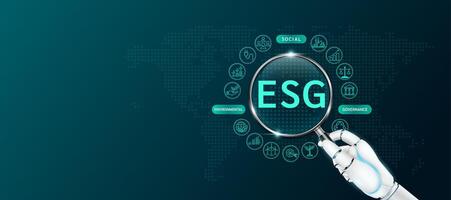 Robot holding magnifying glass look letter ESG green with icons. Environmental, social, governance. Sustainable corporation development and planning business strategy. Space for text banner. vector