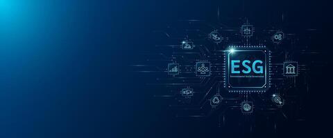 ESG letters in microchip processor circuit board and icon Environmental, social, governance. Sustainable corporation development and planning business strategy. Innovative technology digital. vector