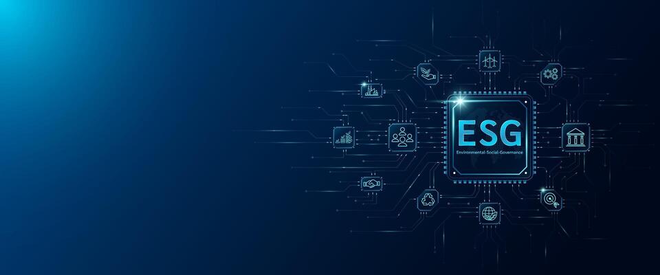 ESG letters in microchip processor circuit board and icon Environmental, social, governance. Sustainable corporation development and planning business strategy. Innovative technology digital.