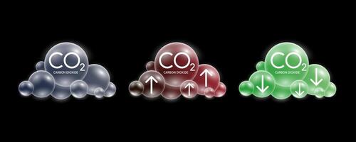 Carbon Dioxide CO2 models in cloud grey red green with up and down arrows. Air pollution emissions contamination with industrial pipes causes of greenhouse gases. Ecology and biochemistry. vector