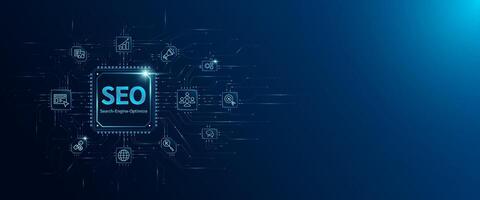 SEO letters in microchip processor circuit board and icon Search, Engine, Optimize. Corporation development and planning business strategy. Space for text banner. Innovative technology digital. vector