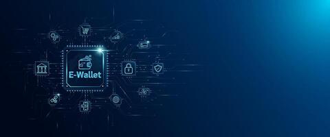 E Wallet in microchip processor circuit board and icon Shopping, Banking, Exchange. Digital wallet app online payment security money transaction. Planning financial business. Innovative technology. vector