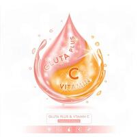 Vitamin C and pink collagen glutathione solution isolated on white background. Vitamins complex minerals supplements should take in pairs. Helps keep skin moisturized and youthful. vector