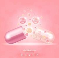 Collagen solution AHA, BHA and PHA on pink background. Vitamins complex minerals supplements should take in pairs. Helps keep skin moisturized and youthful. vector