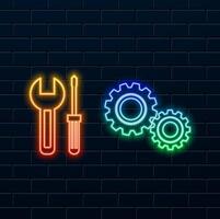 tool equipment. neon style.Gears icon.representing settings or configurations often used for system adjustments and technical control. vector