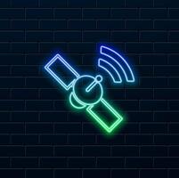 neon style.Satellite signal symbol glyph color icon.satellite icon. transmission control protocol standards. global telecommunications network connection. silhouette symbol in space vector