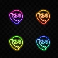 24 hour support line icon. permanent customer support calculation center. call in time. neon style. vector