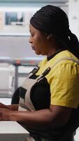 Vertical Technician monitors manufacturing data on pc in solar panel factory, employee finetunes equipment settings to support efficient solar power production. Woman seated next to assembly line. Camera B. video
