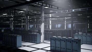 Server arrays in data center maintaining datasets crucial to AI applications. Blade servers supplying scalable computing power required for simulations and artificial intelligence video
