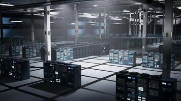 Dimly lit data center operating computational infrastructure dedicated to processing AI workloads. Server room supercomputers operating massive datasets used in neural networks processes video