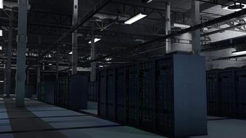 Server clusters supplying computing power for artificial intelligence training datasets. Supercomputers in a row maintaining storage for machine learning, 3D render animation video