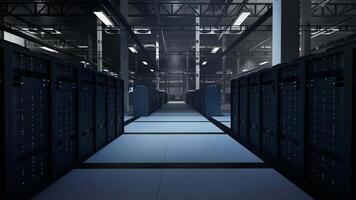Enterprise server room infrastructure delivering processing capacity for AI powered automation and database hosting. Rackmounts providing resources crucial for high speed data transfer, dolly in shot video