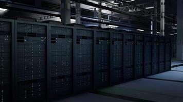 Blade servers supplying computing power for AI training datasets. Data center mainframes in a row maintaining storage for machine learning, 3D render animation, trucking right shot video