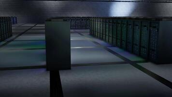 Server room equipment managing data needed for cryptocurrency mining and transaction processing. Data center rackmounts using computing power for blockchain transactions, trucking right shot video