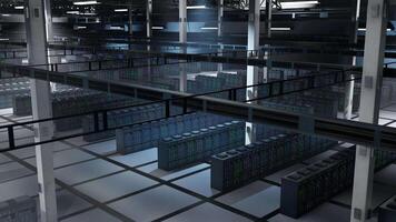 Enterprise server farm delivering processing capacity for AI powered automation and database hosting. Supercomputers providing resources crucial for high speed data transfer, jib down shot video