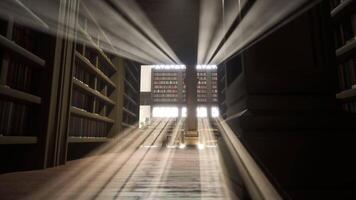 Vintage library with tall wooden bookshelves and sunshine rays entering room through windows, 3D render. University study areas filled with books offering calm environment for research, dolly in shot video
