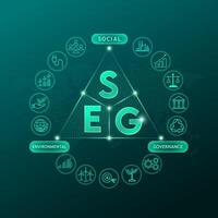 ESG Environmental, social and governance. Surrounded with icons of technology, energy, finance on background green world map. Sustainable corporation development and planning business strategy. vector
