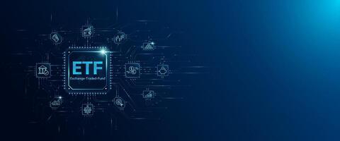ETF letters in microchip processor circuit board. Exchange Traded Fund. Planning business strategy index fund. Trading investment stock market. Innovative technology digital. vector