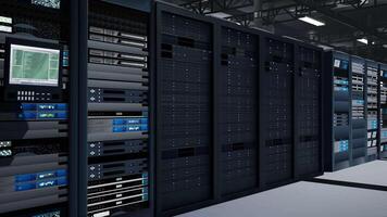 High tech facility operating computational hardware dedicated to processing AI workloads. Supercomputers operating massive datasets used in deep learning processes, trucking right shot video