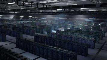 Server hub gear managing data needed for cryptocurrency mining and transaction processing, aerial shot. Data center mainframes offering computing resources necessary for blockchain transactions video
