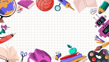 Background on back to school with educational supplies. Frame with a pattern of school accessories and symbols, copy space in the center. vector