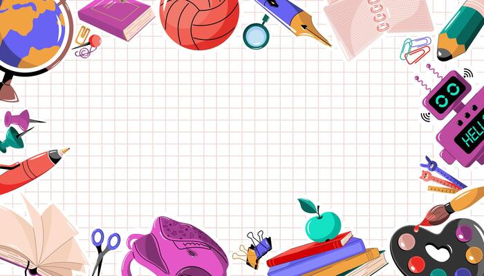 Background on back to school with educational supplies. Frame with a pattern of school accessories and symbols, copy space in the center.