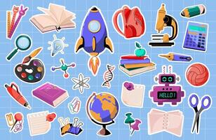 Stickers in a white outline, school education. Clerical elements and symbols of knowledge. Globe, rocket, pens, pencils, backpack, books, robot, calculator and more. vector