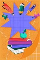 Modern background on school theme. A poster with a stack of books and an apple, the concept of education and knowledge. Back to school, university. vector