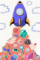 A poster with a rocket and a message to go back to school. Background with educational supplies. Suitable for sales, discounts, leaflets. vector