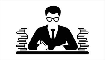 PBusinessman Studying at Desk with Books and Pen Icon vector