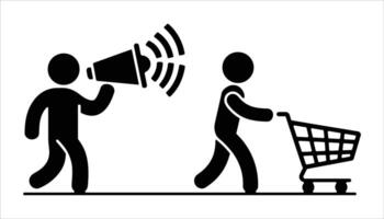 Marketing Announcement Icon with Shopper and Cart Silhouette vector