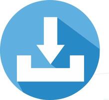 A simple download blue round icon with shadow in the form of a downward arrow and a black line as a sign that the file or document has been downloaded. vector