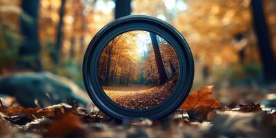 A circular lens with a picture of a forest in the background photo
