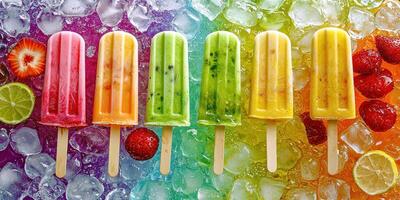Popsicles with fruit and ice on a rainbow background photo