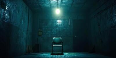 A chair sits in an empty room with a light shining on it photo