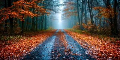 An empty road in the middle of an autumn forest photo