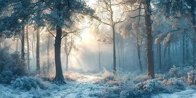 A snowy forest with trees and sun shining through photo