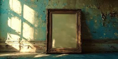 An empty frame sits against a wall in an old room photo