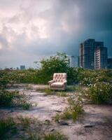 An empty chair sits in the middle of a field photo
