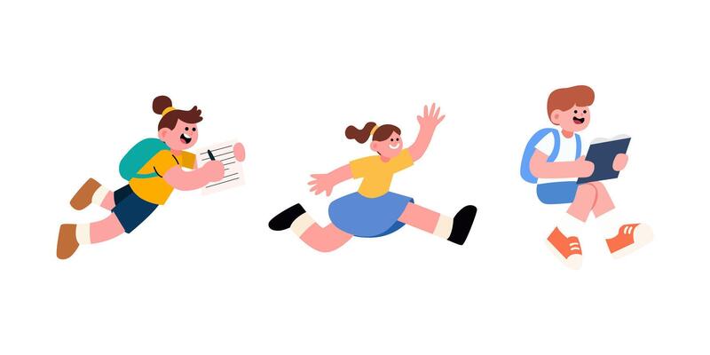 Three people running and jumping with books