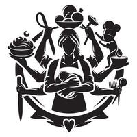 Multitasking mother chef illustration for blog or website with cooking and childcare elements design silhouette, mothers day vector