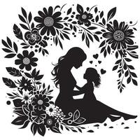 Heartwarming Silhouette of Mother and Child with Intricate Floral Design A Timeless Expression of Love and Connection, mothers day vector