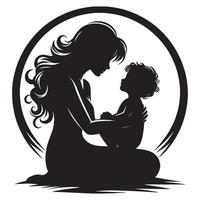 Heartwarming Silhouette of Mother and Child Embracing in Circular Frame, mothers day vector