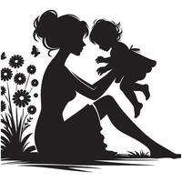 Silhouette art of mother and child in garden with flowers and butterfly graphic design element art, mothers day vector