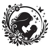 Mother and child silhouette illustration with floral elements for graphic design projects, mothers day vector