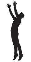 Silhouette of man jumping with hands up reaching for something in the air action pose isolated vector